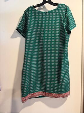 J. Crew Green Printed Short-Sleeve Shift Dress with Red Border